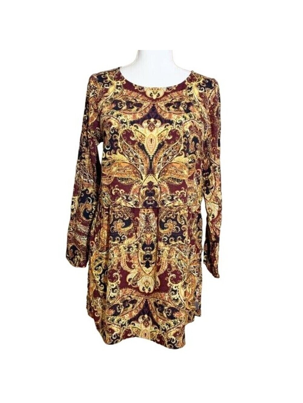 J. Jill Womens XS Paisley Tunic Top Burgundy Mustard Long Sleeve Rayon Boho